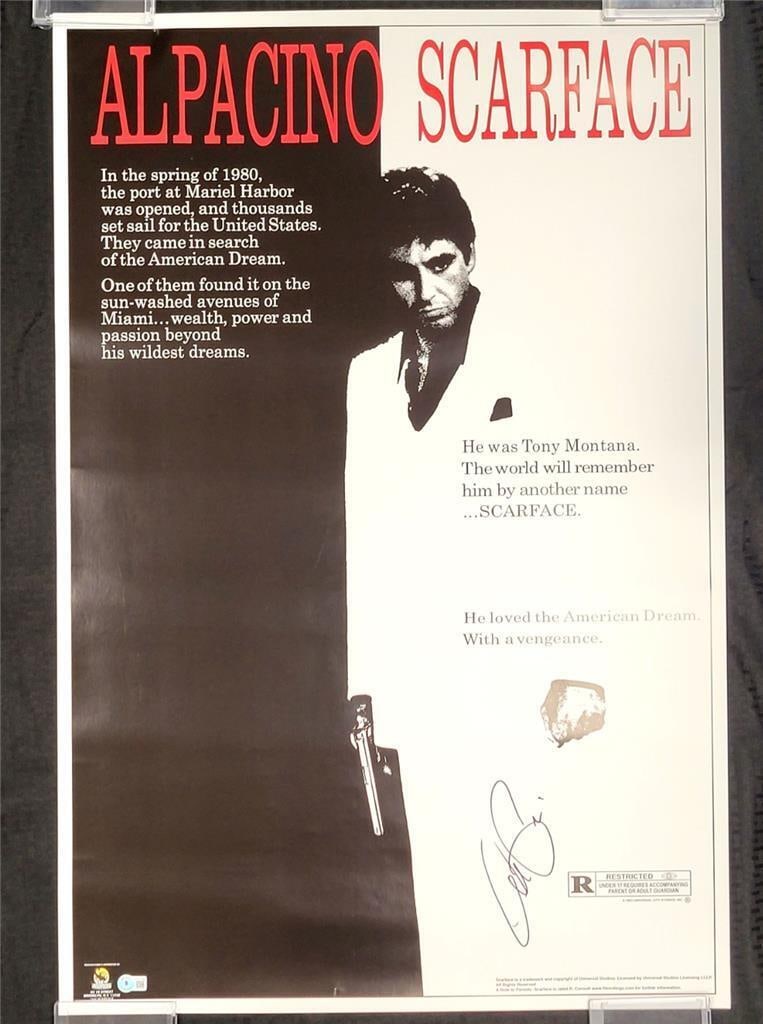 Al Pacino Autographed Scarface Poster 24x36 Beckett Authenticated: Al Pacino Autographed Scarface Poster 24x36 Beckett Authenticated This is an original movie poster for the iconic film "Scarface," featuring a signed autograph by Al Pacino. The poster measures 24x36 