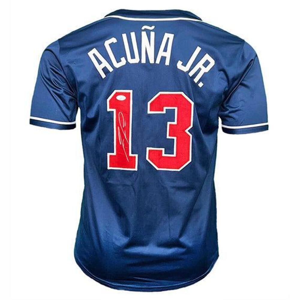 Ronald Acuna Jr Signed Atlanta Braves Blue Baseball Jersey XL: Ronald Acuna Jr Signed Atlanta Braves Blue Baseball Jersey XL Professional style blue custom replica baseball jersey autographed by Ronald Acuna Jr, authenticated by JSA. Includes a Certificate of Aut