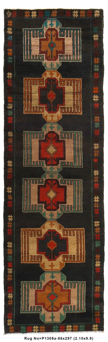 Black Hand-Knotted Afghan Runner 2.10 x 9.9 Geometric Wool Rug: Black Hand-Knotted Afghan Runner 2.10 x 9.9 Geometric Wool Rug This 10 Feet Afghan runner is a beautiful area rug featuring a geometric pattern in black. It is hand-knotted from high-quality wool, ens