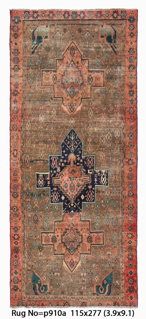 Handmade Persian Tribal Runner Rug 3.9 x 9.1 Wool Sherazi 1970s: Handmade Persian Tribal Runner Rug 3.9 x 9.1 Wool Sherazi 1970s This Handmade 4 x 9 Semi-Antique Center Medallions Persian Tribal Runner Rug features earthy tones with accents in deep blues and vibran
