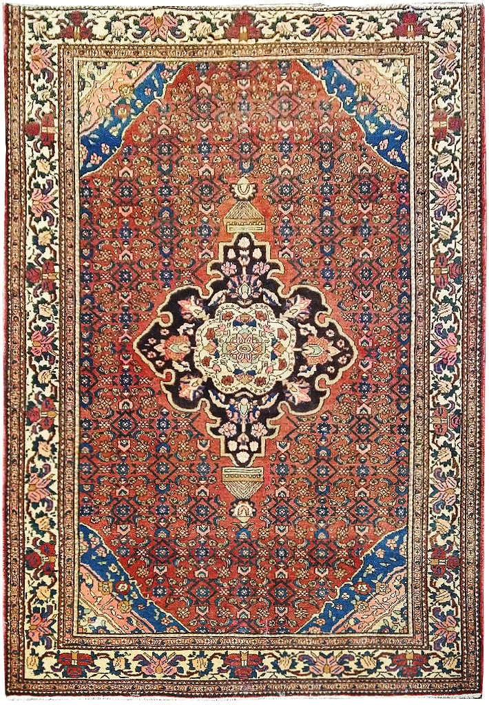 Vintage Persian Bijar Area Rug 4 x 7 Hand-Knotted Wool Brick Blue Ivory: Vintage Persian Bijar Area Rug 4 x 7 Hand-Knotted Wool Brick Blue Ivory This stunning 4 x 7 OLD Persian Bijar area rug features a beautiful color palette of brick, blue, and ivory. Hand-knotted with a
