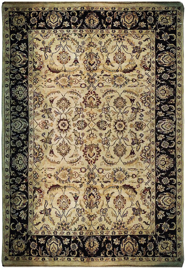 Handmade 9 x 12 Agra Rug in Ivory and Black Wool: Handmade 9 x 12 Agra Rug in Ivory and Black Wool This 9 x 12 quality handmade natural wool rug features a beautiful Agra design in a blend of ivory, black, green, and brown colors. Measuring 108 inche