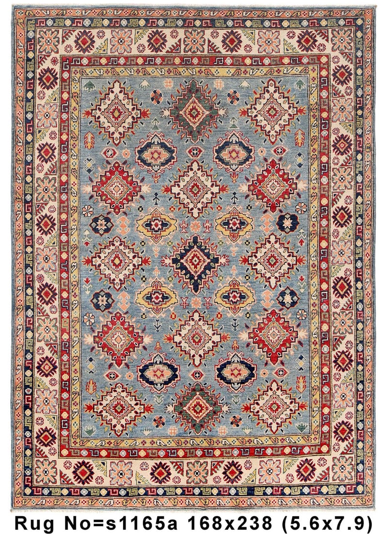 Handmade Kazak Area Rug 5.6 x 7.10 Blue Red Wool: Handmade Kazak Area Rug 5.6 x 7.10 Blue Red Wool This beautiful muted handmade Kazak rug measures 5.6 ft in width and 7.10 ft in length, or 66 in x 94 in. It features a muted blue background adorned w