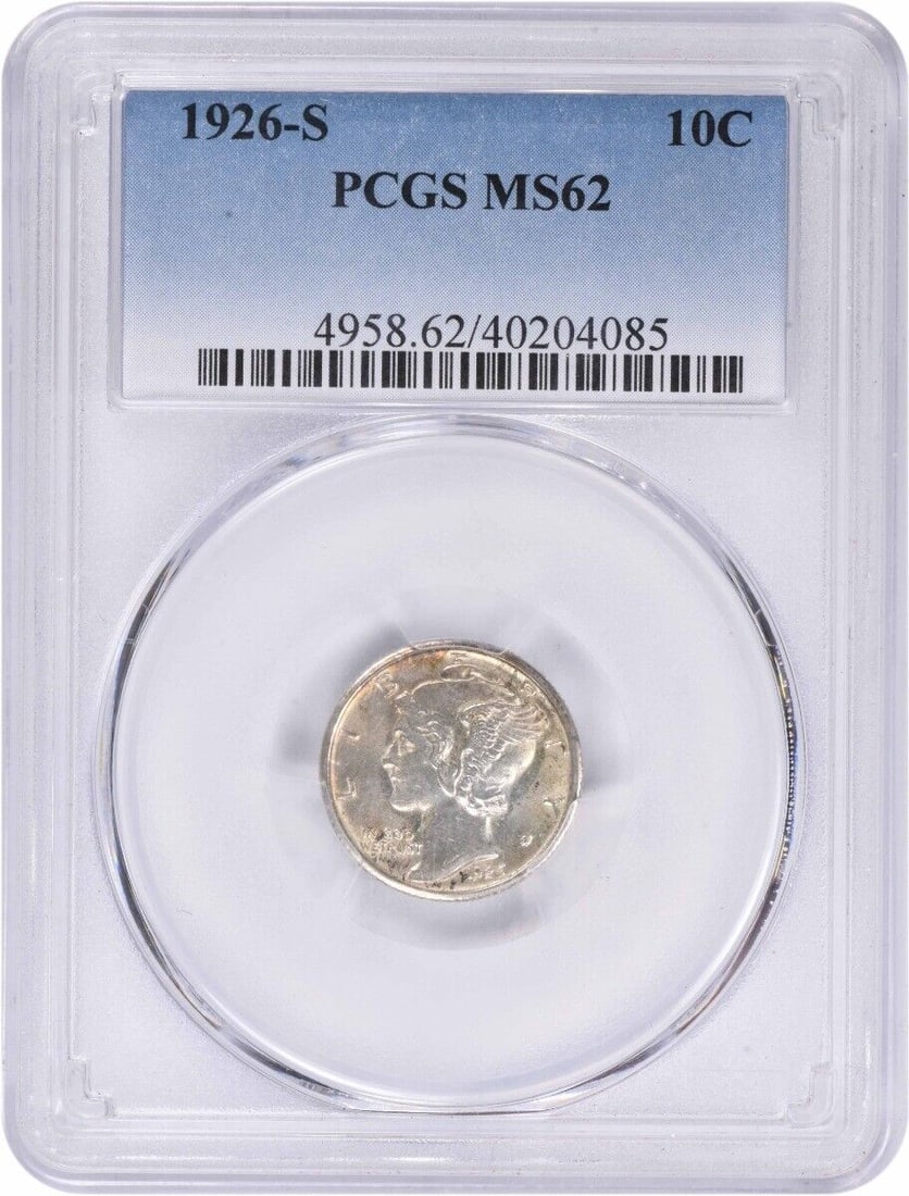 1926-S Mercury Dime MS62 PCGS 90% Silver San Francisco Coin: 1926-S Mercury Dime MS62 PCGS 90% Silver San Francisco Coin This 1926-S Mercury Silver Dime is graded MS62 by PCGS and is a notable collectible coin. Minted in San Francisco, it features a composition