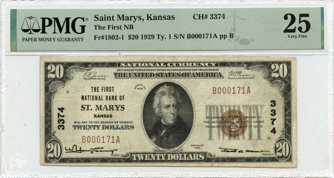 1929 $20 National Bank Note St Mary's Kansas PMG VF25: 1929 $20 National Bank Note St Mary's Kansas PMG VF25 This 1929 Ty.1 $20 National Bank Note from St Mary's, Kansas (CH#3374) is graded VF25 by PMG, indicating its very fine condition. The note is part