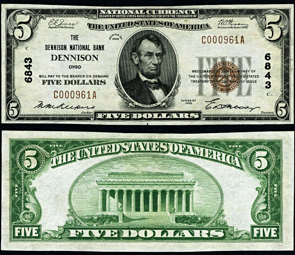 1929 T-1 $5 National Bank Note Dennison Ohio Uncirculated CU Choice: 1929 T-1 $5 National Bank Note Dennison Ohio Uncirculated CU Choice This is a $5 National Bank Note from Dennison, Ohio, issued in 1929 T-1. The note is graded as CU Choice and is classified as uncirc