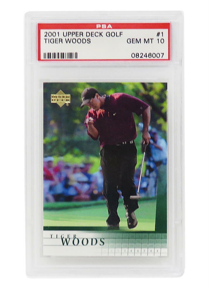 Tiger Woods 2001 Upper Deck Golf Rookie Card PSA 10 GEM MINT: Tiger Woods 2001 Upper Deck Golf Rookie Card PSA 10 GEM MINT This is a 2001 Upper Deck Golf #1 rookie card of Tiger Woods, graded PSA 10 GEM MINT. It highlights Tiger Woods as a prominent player in th