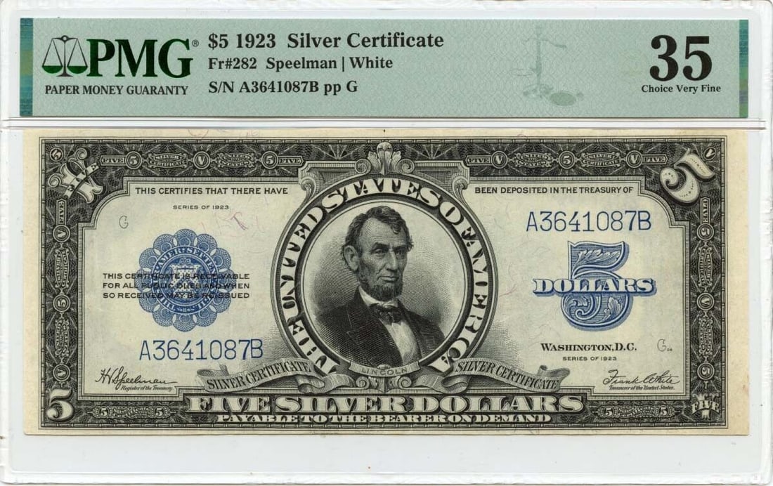 1923 $5 Silver Certificate Blue Speelman White Fr# 282 PMG Choice Very Fine Condition: 1923 $5 Silver Certificate Blue Speelman White Fr# 282 PMG Choice Very Fine Condition This 1923 $5 Silver Certificate features a portrait of Abraham Lincoln and prominently displays 'FIVE DOLLARS' bel