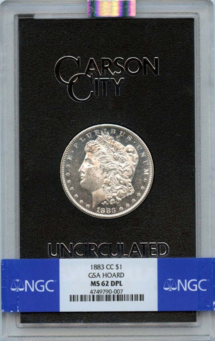 1883 Carson City Morgan Dollar GSA Hoard Uncirculated Coin NGC MS62 DMPL: 1883 Carson City Morgan Dollar GSA Hoard Uncirculated Coin NGC MS62 DMPL This 1883 Morgan Dollar, minted at the Carson City mint, is graded NGC MS62 DMPL, indicating it's uncirculated with deep mirror