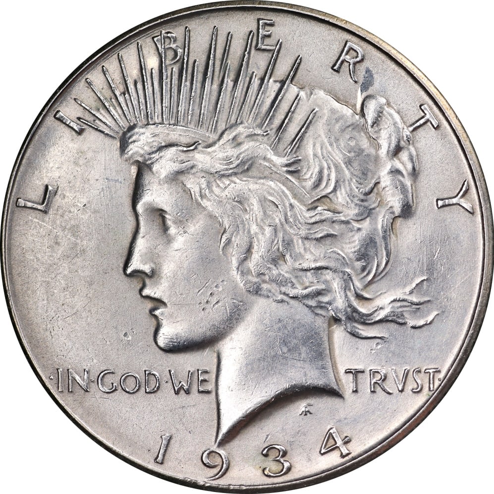 1934-S Peace Dollar Silver Coin Choice AU BU San Francisco: 1934-S Peace Dollar Silver Coin Choice AU BU San Francisco This 1934-S Peace Dollar is a key date coin certified as Choice AU/BU. Minted in San Francisco, this silver coin showcases its rich history a