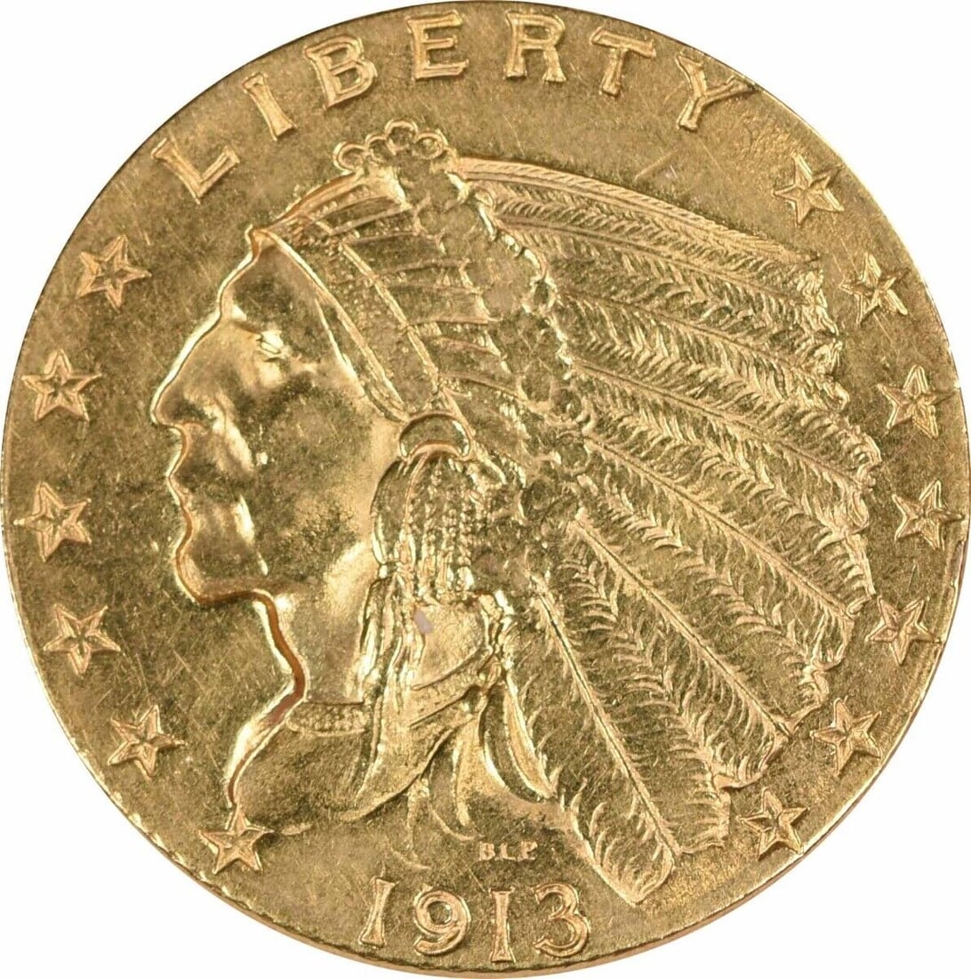 1913 $2.50 Gold Indian Coin XF Philadelphia Mint 90% Gold: 1913 $2.50 Gold Indian Coin XF Philadelphia Mint 90% Gold This 1913 $2.50 Gold Indian coin is unclassified and has been circulated. It was minted in Philadelphia and features a fineness of 0.9, with a