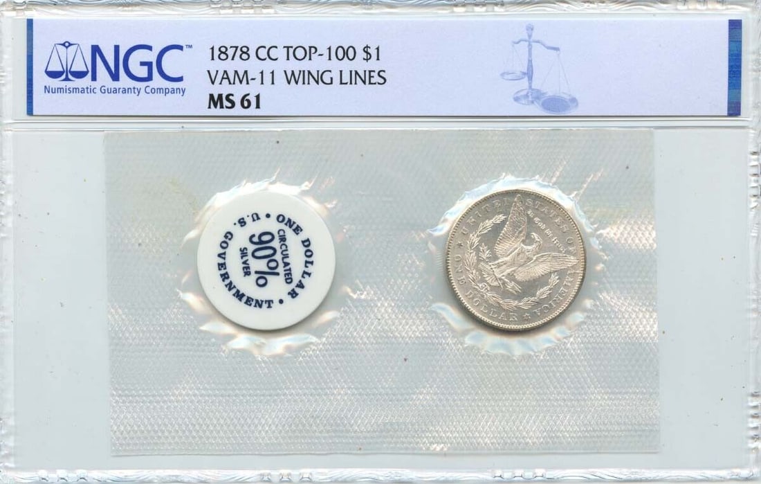1878-CC Morgan Dollar NGC MS61 Uncirculated Coin VAM-11 Wing Lines: 1878-CC Morgan Dollar NGC MS61 Uncirculated Coin VAM-11 Wing Lines This 1878-CC Morgan Dollar features the prestigious NGC certification with a certification number of 6964363002. Graded as MS61, this