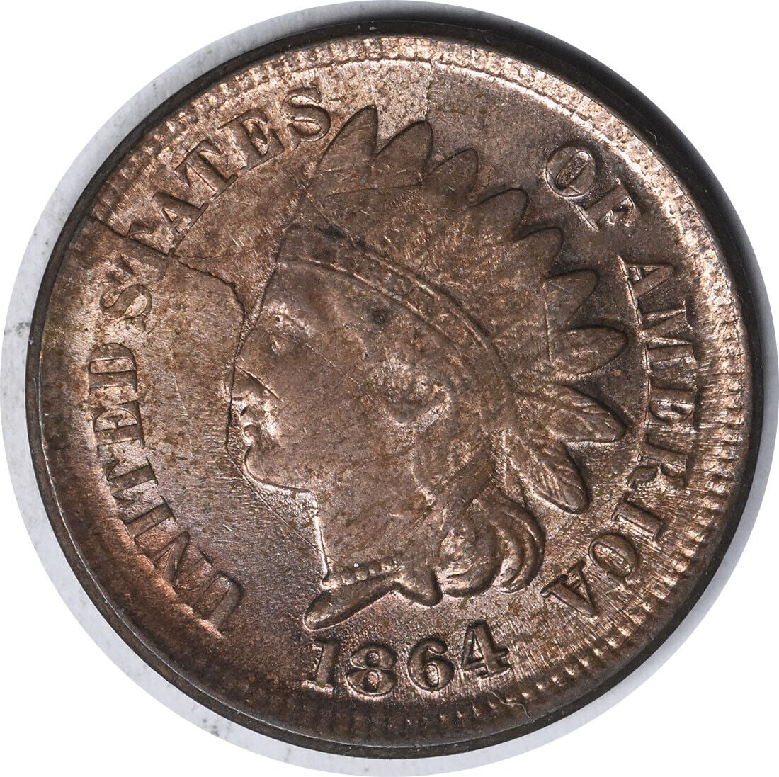 1864 Indian Head Cent Bronze Choice BU Shattered Obverse Coin: 1864 Indian Head Cent Bronze Choice BU Shattered Obverse Coin This 1864 Indian Cent is a bronze coin featuring a shattered obverse, graded as Choice BU (Brilliant Uncirculated). The coin has no mint m