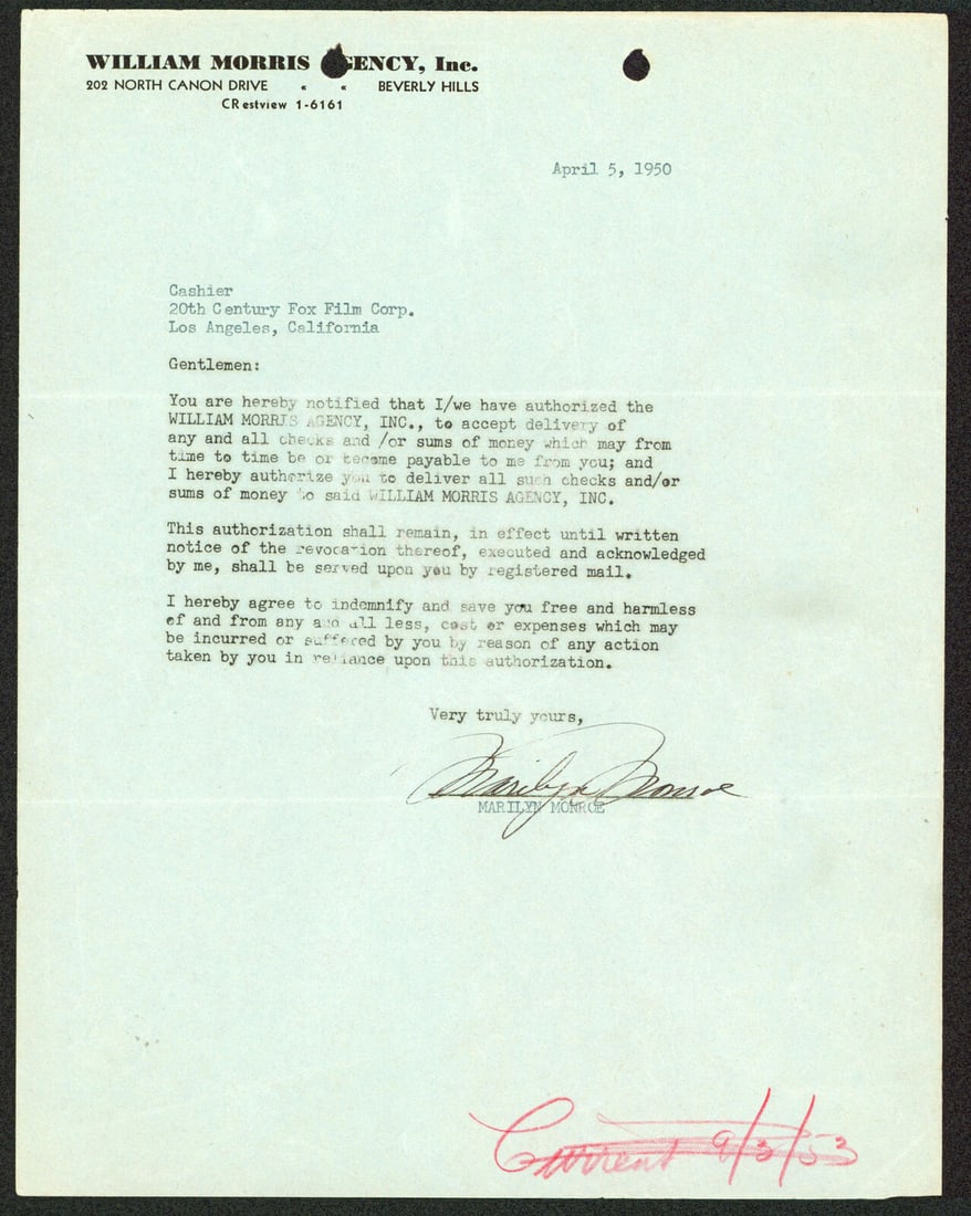 Marilyn Monroe Signed 8.5x11 1950 Agreement Beckett Authenticated: Marilyn Monroe Signed 8.5x11 1950 Agreement Beckett Authenticated Marilyn Monroe Signed 8.5x11 1950 William Morris Agency Agreement BAS #AD64303. Industry: Movies. Original/Reproduction: Original. Aut