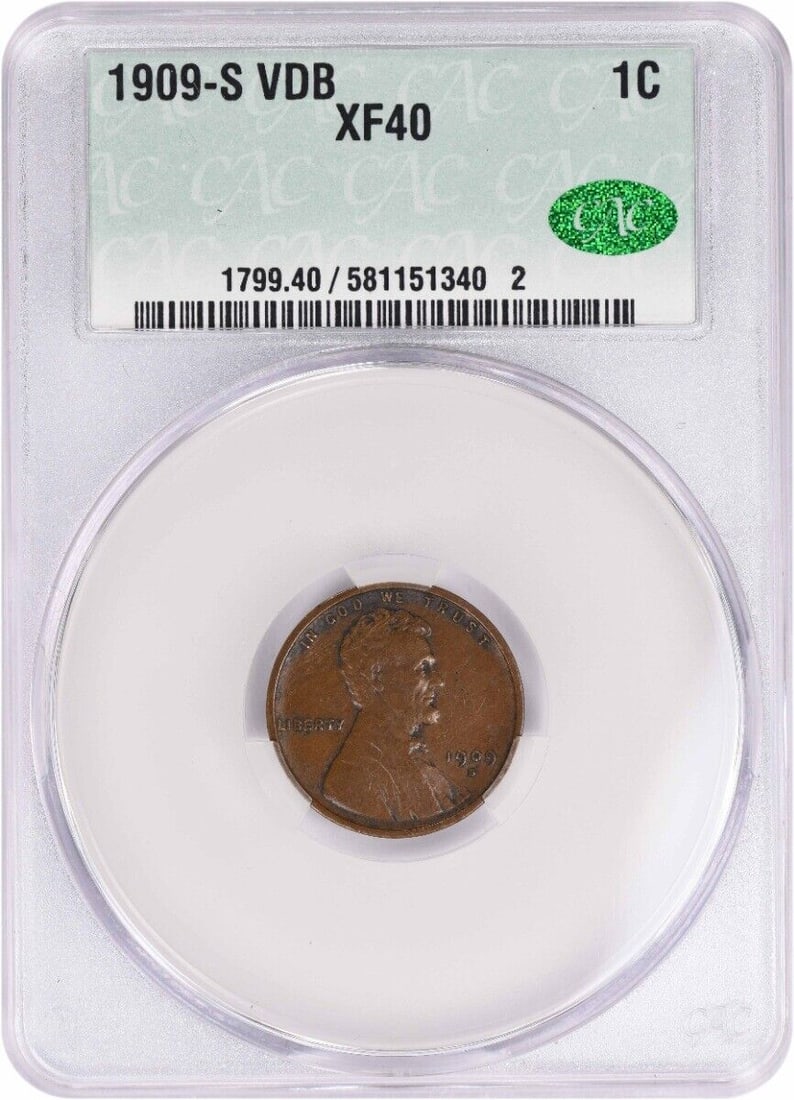 1909-S VDB Lincoln Wheat Cent Copper EF40 CACG Certified: 1909-S VDB Lincoln Wheat Cent Copper EF40 CACG Certified This 1909-S VDB Lincoln Cent is graded EF40 by CACG, indicating its fine condition. The coin features the iconic Lincoln Wheat design and is ma