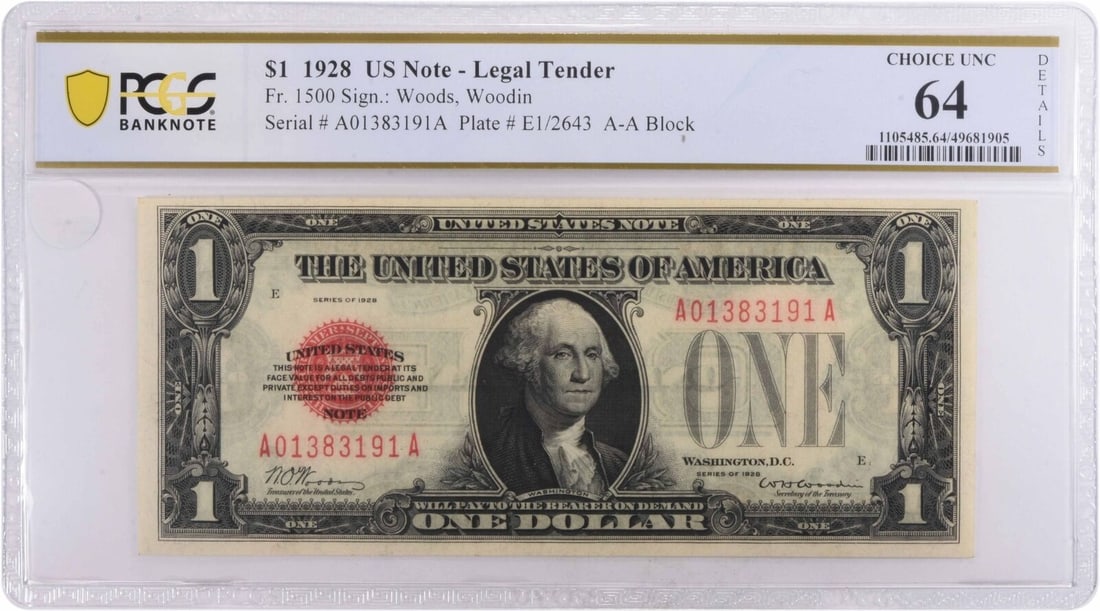 1928 One Dollar Small Legal Tender Note MS64 Uncirculated: 1928 One Dollar Small Legal Tender Note MS64 Uncirculated This 1928 $1 Small Legal Tender note features the portraits of Robert Morris and the vignette of a farmer at work. The denomination is One Dol