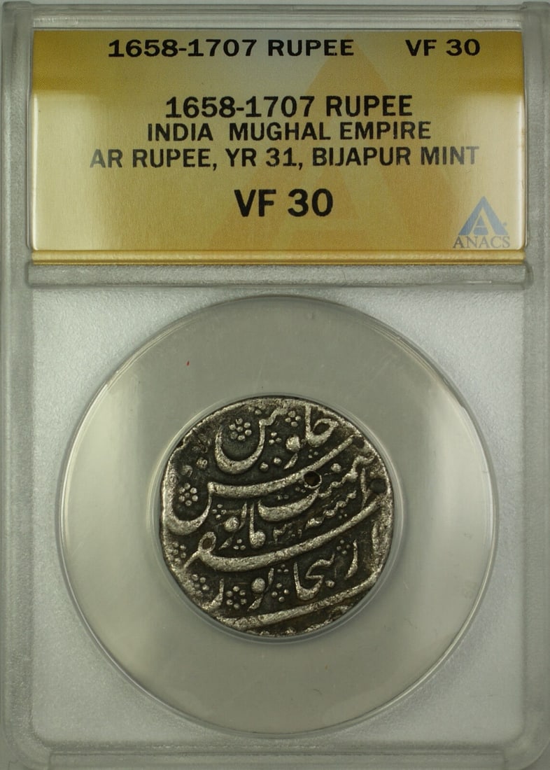 1658-1707 (YR31) India Bijapur Mint Mughal Empire Silver Rupee Coin ANACS VF-30: 1658-1707 (YR31) India Bijapur Mint Mughal Empire Silver Rupee Coin ANACS VF-30 Year: 1658-1707 (YR 31) Grade: VF 30 Circulated/Uncirculated: Circulated Composition: Silver Certification: ANACS 1658-1