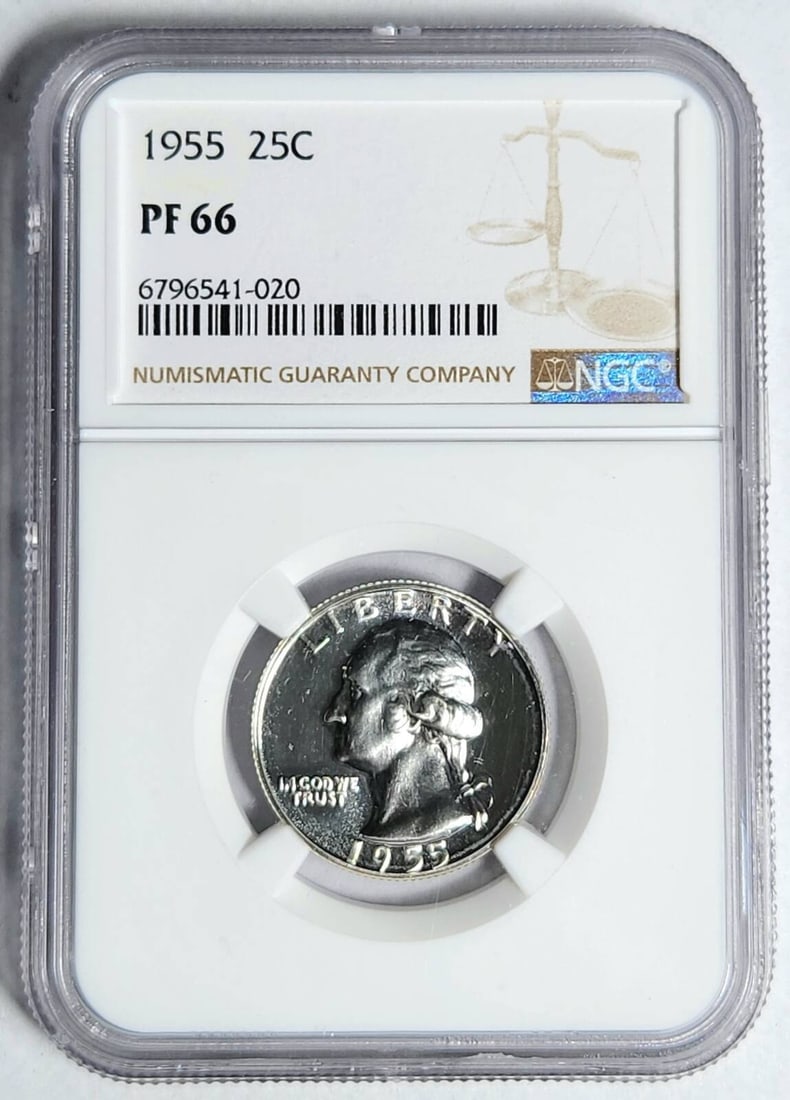 1955 P Washington Quarter Silver NGC PF 66 Uncirculated Proof: 1955 P Washington Quarter Silver NGC PF 66 Uncirculated Proof This 1955 P Washington Quarter is certified by NGC with a grade of PF 66. It is composed of silver and is in uncirculated condition. The c