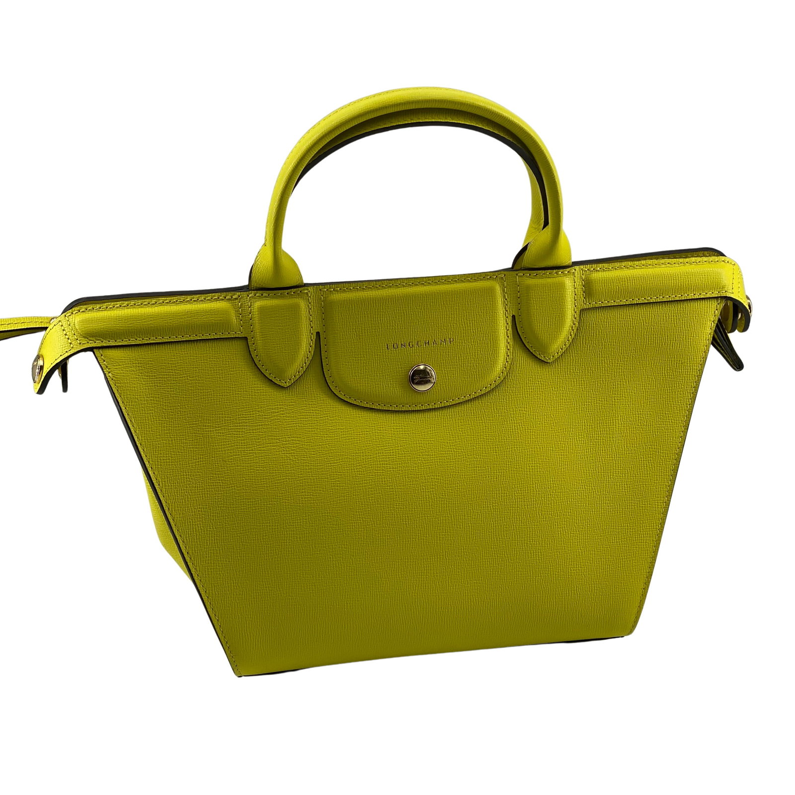 Longchamp Le Pliage Yellow Leather Handbag 23cm x 38cm x 15cm: Longchamp Le Pliage Yellow Leather Handbag 23cm x 38cm x 15cm Longchamp Le Pliage handbag in yellow leather. This stylish bag is designed for women and features dimensions of 23cm x 38cm x 15cm. It is