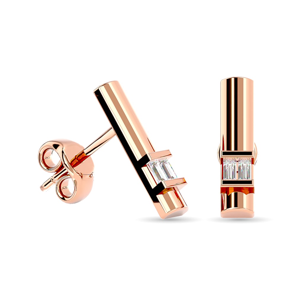 Elegant 10K Rose Gold Bar Earrings with 4 Diamonds: Elegant 10K Rose Gold Bar Earrings with 4 Diamonds These elegant bar earrings are crafted from 10K rose gold and feature a total of four diamonds. The diamonds are shaped in a straight baguette style,