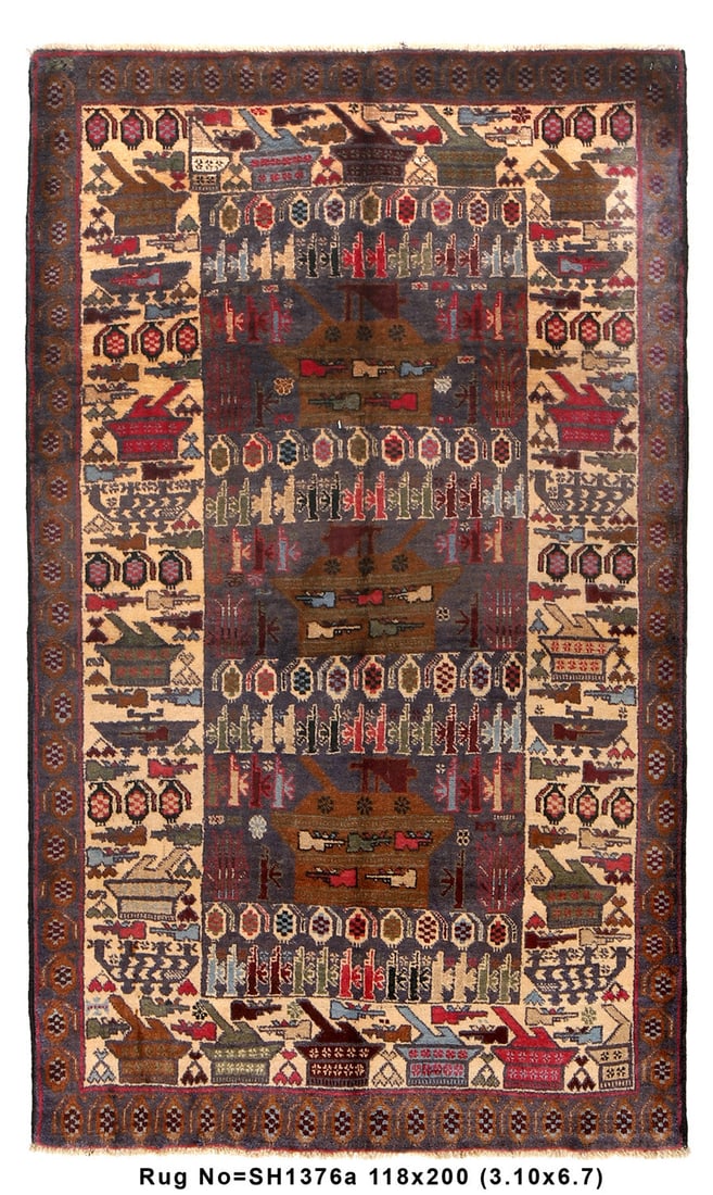 3'10 x 6'7 WAR RUG Afghan TANKS GUNS MISSLES: 3'10 x 6'7 WAR RUG Afghan TANKS GUNS MISSLES Free continental US Shipping Size in Feet: Width: 3'10 x Length: 6'7 Size in Inches: Width: 46 in x Length: 79 in Rug Type: Area Rug Colors: Brown beige Ru
