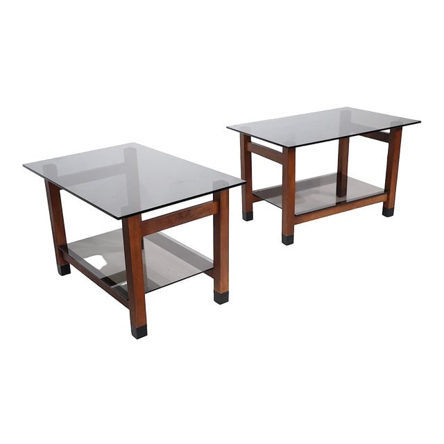 Pr. Mid Century Brutalist Style End Tables C 1970's: Pr. Mid Century Brutalist Style End Tables C 1970's Good original clean and ready to use condition one glass top has an inconsequential bruise at the corner . Dimensions: 20"W x 30"D x 19"H Styles: Br