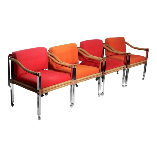 Set of Four Chrome and Bamboo Dining Arm Chairs C 1970's: Set of Four Chrome and Bamboo Dining Arm Chairs C 1970's Structurally sound and sturdy all show cosmetic wear and general signs of age and use normal and consistent with age. Fabric shows minor staini
