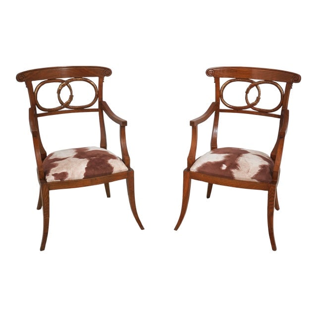 Pair Biedermeier Style Open Armchairs W. Carved Backs: Pair Biedermeier Style Open Armchairs W. Carved Backs Excellent Original Finish & Condition Dimensions: 22"W x 22"D x 36.5"H Styles: Biedermeier Number of Seats: 2 Seat Height: 18.0 in Arm Height: 25.