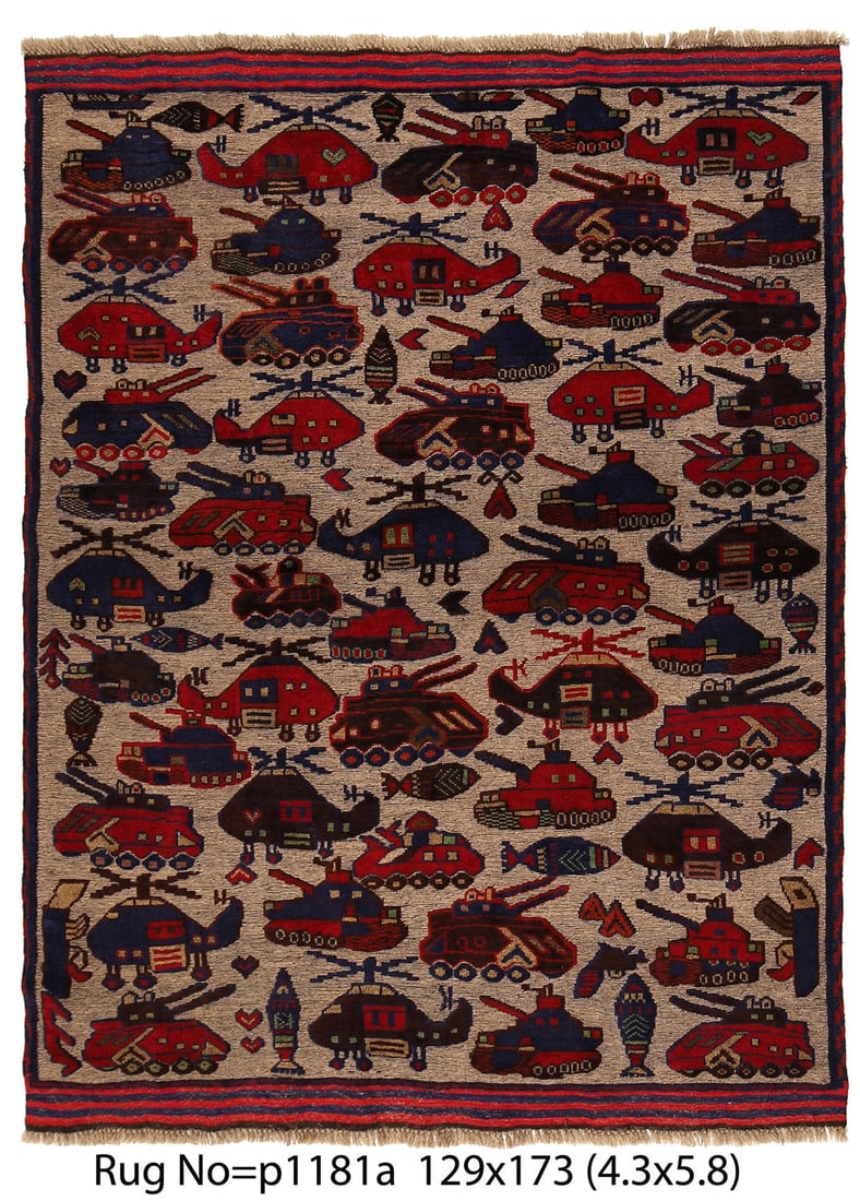 4'3 x 5'8 Afghan Handmade Choppers & Force Weapons War Rug: 4'3 x 5'8 Afghan Handmade Choppers & Force Weapons War Rug Free continental US Shipping Size in Feet: Width: 4'3 x Length: 5'8 Size in Inches: Width: 51 in x Length: 68 in Rug Type: Area Rug Colors: T