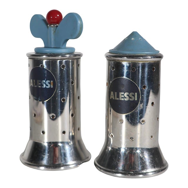 Memphis School Salt and Pepper Set by Michael Graves Made in Italy for Alessi C 1980's: Memphis School Salt and Pepper Set by Michael Graves Made in Italy for Alessi C 1980's good original vintage estate condition one decal shows minor loss both would benefit from a complete cleaning and