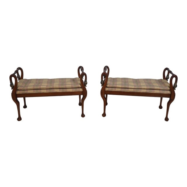 Pair Baker Regency Swan Arm Benches: Pair Baker Regency Swan Arm Benches Excellent Clean Original Finish & Condition Few Very Minor Small Spot Stains On 1 Seat Dimensions: 40"W x 18.5"D x 27"H Styles: Regency Seat Height: 19.5 in Number