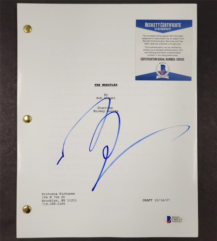 Mickey Rourke signed The Wrestler Full Movie Script auto (D) ~ Beckett BAS COA: Mickey Rourke signed The Wrestler Full Movie Script auto (D) ~ Beckett BAS COA Character: Randy "The Ram" Robinson Industry: Movies Original/Reproduction: Original Autograph Authentication: Beckett Mo
