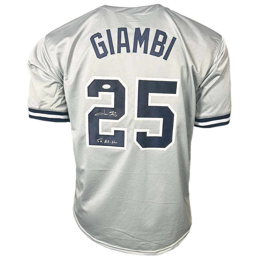 Jason Giambi Signed 5x All Star Inscription New York Grey Baseball Jersey (JSA): Jason Giambi Signed 5x All Star Inscription New York Grey Baseball Jersey (JSA) Autograph Authentication: JSA Autographed: Yes League: MLB Size: XL Sport: Baseball Jason Giambi Signed 5x All Star Insc