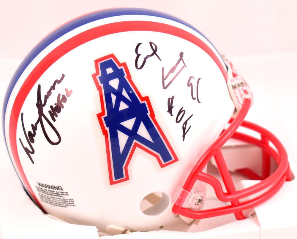 Earl Campbell Warren Moon Signed Oilers 81-96 Mini Helmet w/HOF -Beckett W Holo: Earl Campbell Warren Moon Signed Oilers 81-96 Mini Helmet w/HOF -Beckett W Holo Player: Earl Campbell Product: Helmet Original/Reprint: Original Team: Houston Oilers Autograph Authentication: Beckett 