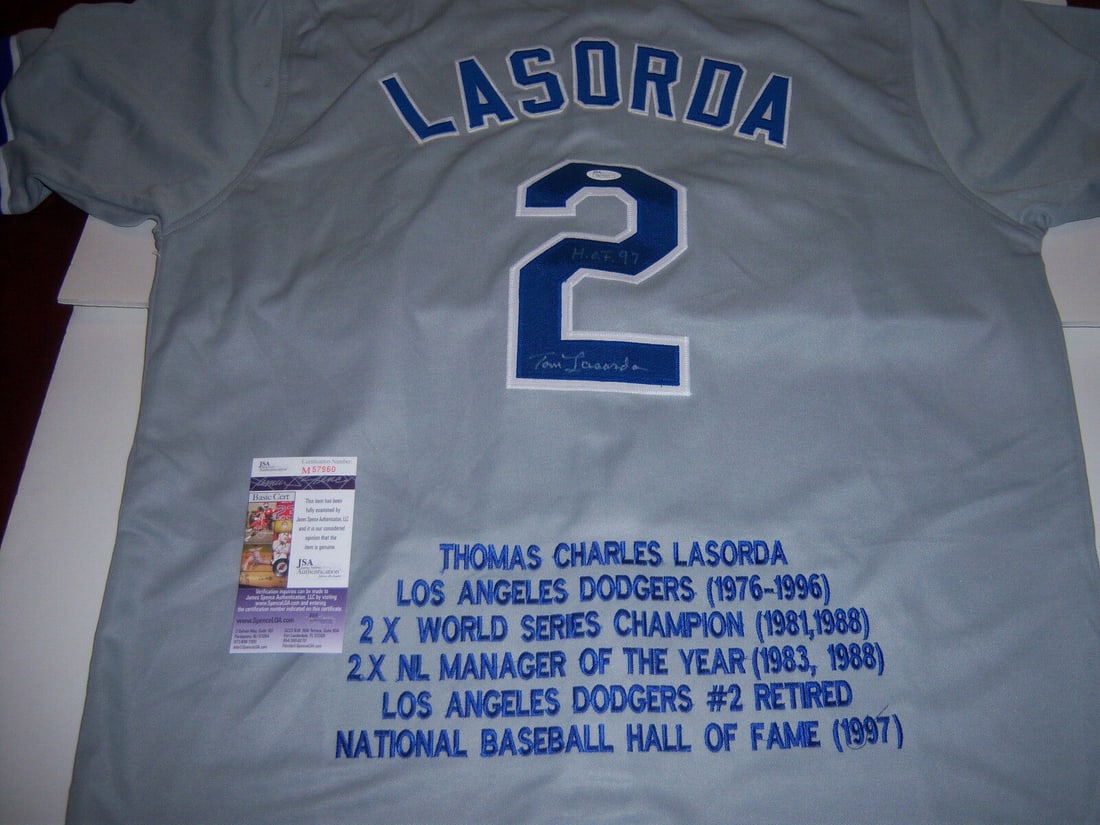 TOM LASORDA LOSANGELES DODGERS WS CHAMPS HOF 97 JSA/COA SIGNED JERSEY: TOM LASORDA LOSANGELES DODGERS WS CHAMPS HOF 97 JSA/COA SIGNED JERSEY Product: Jersey Sport: Baseball-MLB Original/Reprint: Original Pre-Owned While the lot images are representative of the item, the 