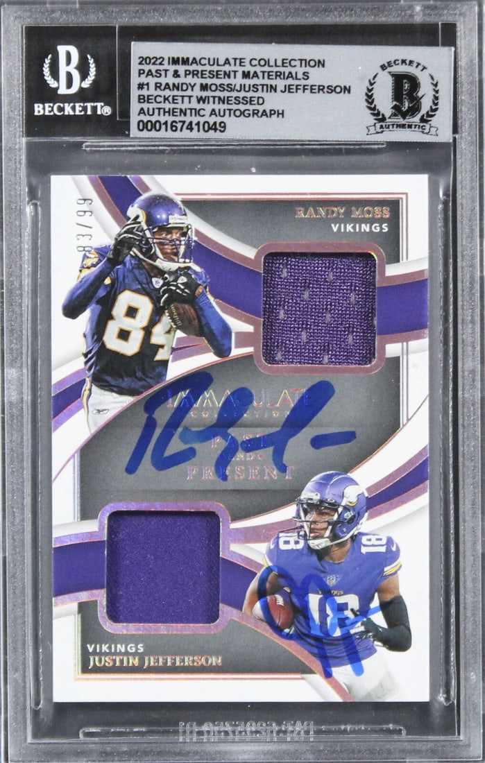 Randy Moss & Justin Jefferson Signed 2022 IC #1 #83/99 Card Auto 10! BAS Slabbed: Randy Moss & Justin Jefferson Signed 2022 IC #1 #83/99 Card Auto 10! BAS Slabbed Sport: Football Product: Box Box & Case Breaks Case Coin etopps (In-hand) Lot Pack Original/Reprint: Original Player: R