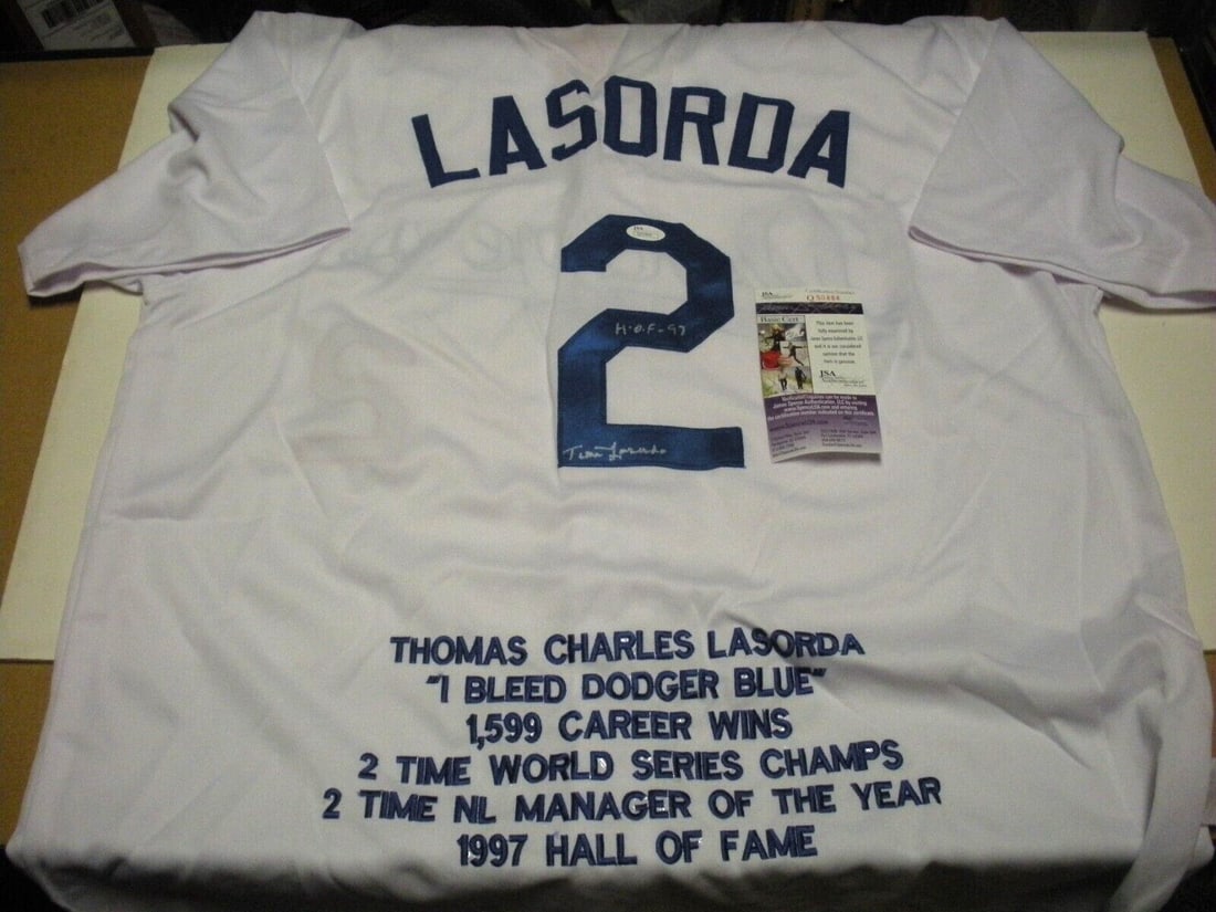 TOM LASORDA LOSANGELES DODGERS WS CHAMPS HOF 97 LAST ONE JSA/COA SIGNED JERSEY: TOM LASORDA LOSANGELES DODGERS WS CHAMPS HOF 97 LAST ONE JSA/COA SIGNED JERSEY Sport: Baseball-MLB Original/Reprint: Original Product: Jersey Pre-Owned While the lot images are representative of the i