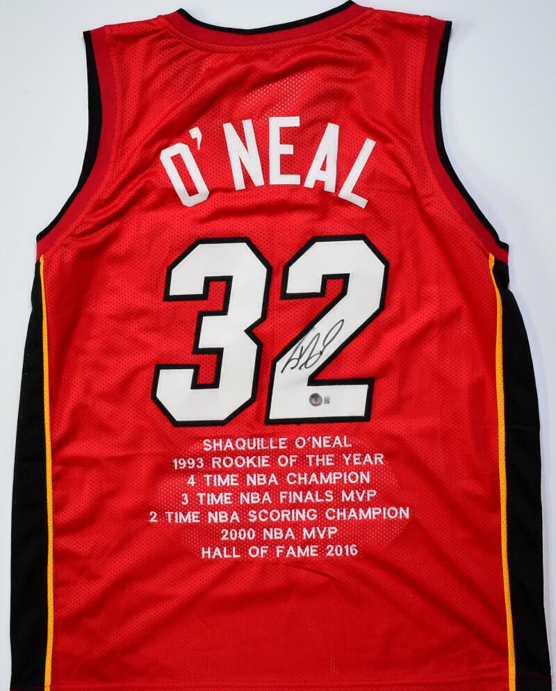 Shaquille O'Neal Autographed Red Miami Pro Style Stat Jersey - Beckett W Holo: Shaquille O'Neal Autographed Red Miami Pro Style Stat Jersey - Beckett W Holo Player: Shaquille O'Neal Product: Jersey Original/Reprint: Original Autograph Authentication: Beckett Authentication S