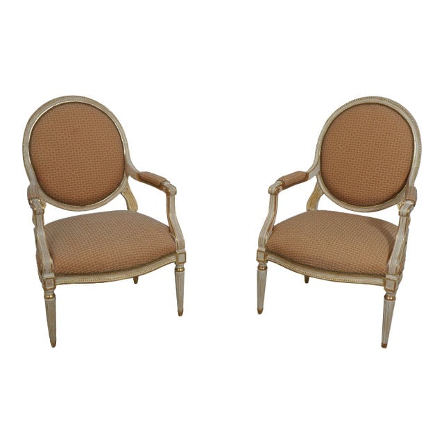 Pair Michael Taylor French Louis XVI Open Armchairs: Pair Michael Taylor French Louis X VI Open Armchairs Excellent Clean Original Finish & Condition Dimensions: 26"W x 30"D x 40.5"H Styles: Louis X VI Seat Height: 18.5 in Arm Height: 26.5 in Number of