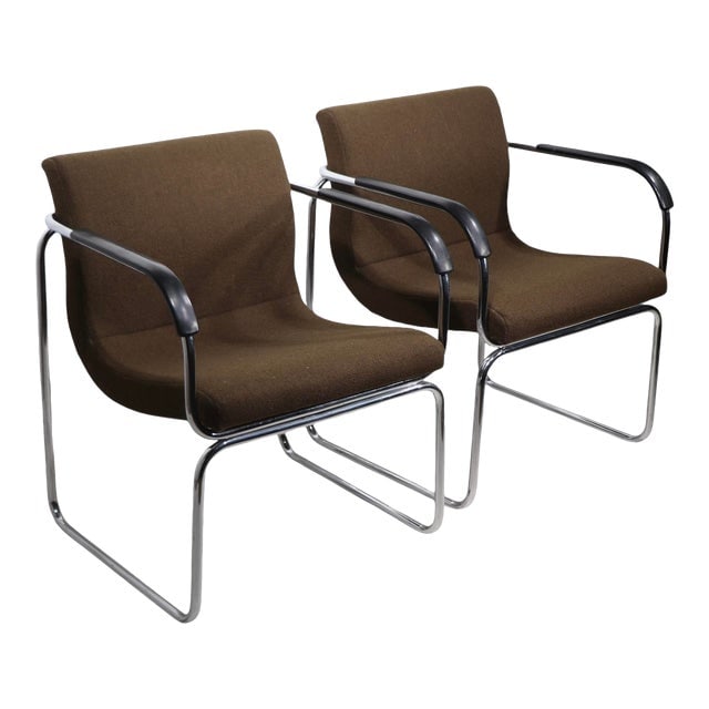 Pr. Modernist Lounge Office Side Chairs by Gf Goodform: Pr. Modernist Lounge Office Side Chairs by Gf Goodform Good clean ready to use condition one chair shows minor scuffs to the black plastic arm rests - . Dimensions: 22.25"W x 22"D x 28.5"H Styles: Dan