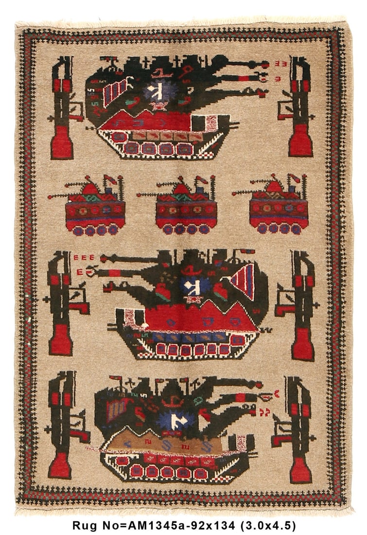 3'0 x 4'5 Afghan TANKS & GUNS War Rug: 3'0 x 4'5 Afghan TANKS & GUNS War Rug Free continental US Shipping Size in Feet: Width: 3'0 x Length: 4'5 Size in Inches: Width: 36 in x Length: 53 in Rug Type: Area Rug Colors: Beige Brown Black Rust