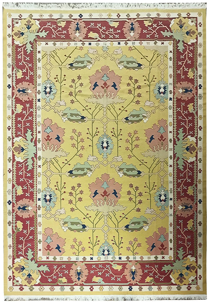 9 x 12 YELLOW Kilim Flat Weave Rug: 9 x 12 YELLOW Kilim Flat Weave Rug Free continental US Shipping Size in Feet: Width: 9 x Length: 12 Size in Inches: Width: 108 in x Length: 144 in Rug Type: Area Rug Colors: Yellow Burgundy Weave: Han