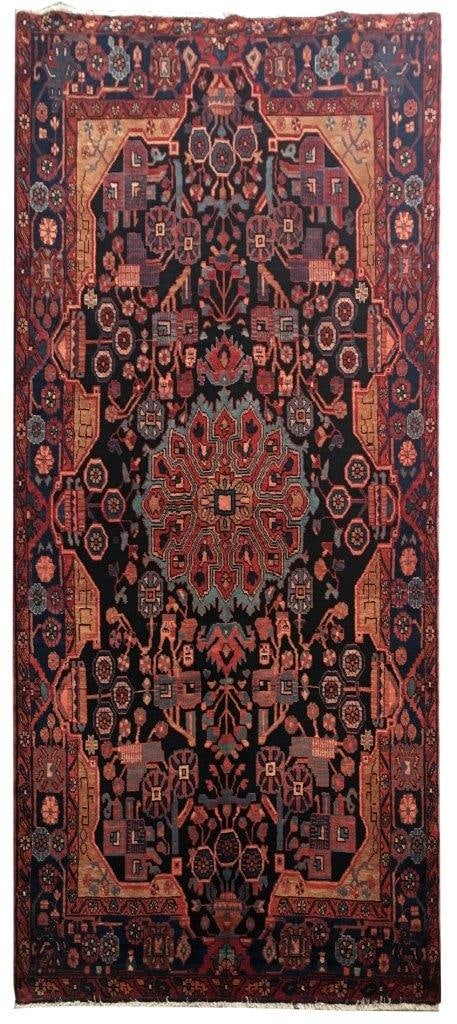 5'3 x 9'1 Black Persian Hamadan Rug: 5'3 x 9'1 Black Persian Hamadan Rug Free continental US Shipping Size in Feet: Width: 5'3 x Length: 9'1 Size in Inches: Width: 63 in x Length: 109 in Colors: Black Orange Weave: 100% Handmade Pile: 3/