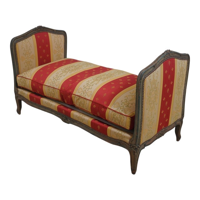 Antique French Louis XV Painted Finish Down Seat Chaise Lounge: Antique French Louis X V Painted Finish Down Seat Chaise Lounge Excellent Condition - Minor Signs Of Light Household Use-Age Some Wear To Finish1 Stain on 1 Side Of Seat Cushion Dimensions: 54"W x 27"