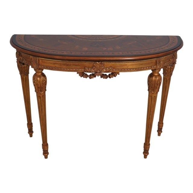 Rho Italian Inlaid Gold Base Console Hall Table: Rho Italian Inlaid Gold Base Console Hall Table Excellent Clean Original Finish & Condition Dimensions: 53.5"W x 21"D x 38"H Styles: Italian Table Shape: Half Round Period: 1990s Country of Origin: It