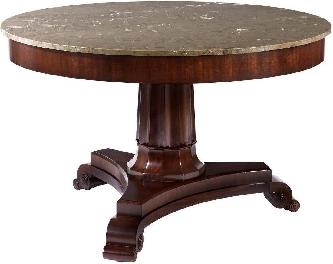 Sutton Dining Table: Sutton Dining Table An interpretation of a French Empire antique, Sutton features a gray marble stone top, faceted pedestal base on three carved legs with scroll accents. Item Dimensions: Height: 30.0
