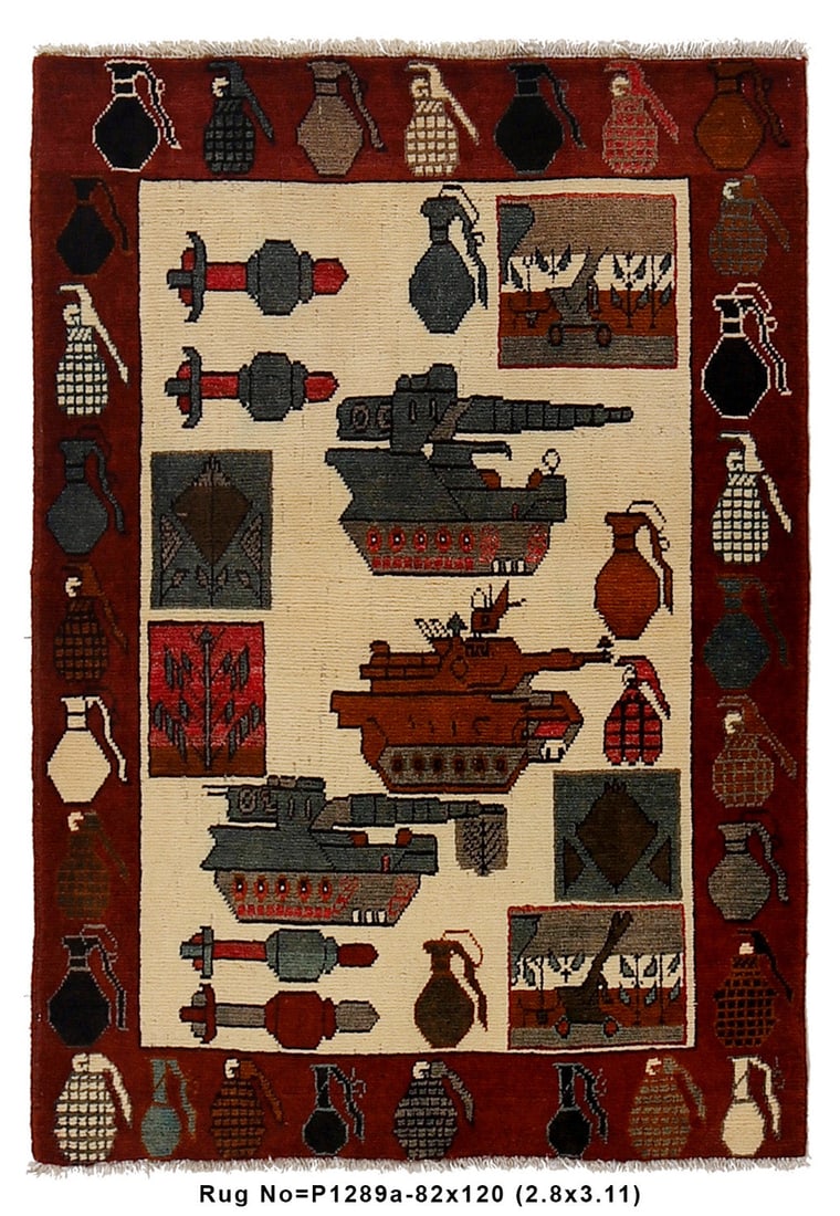 2'8 x 4'0 WAR RUG Handmade Afghan Wool TANK AMMUNITION: 2'8 x 4'0 WAR RUG Handmade Afghan Wool TANK AMMUNITION Free continental US Shipping Size in Feet: Width: 2'8 x Length: 4'0 Size in Inches: Width: 32 in x Length: 48 in Rug Type: Area Rug Colors: Multi