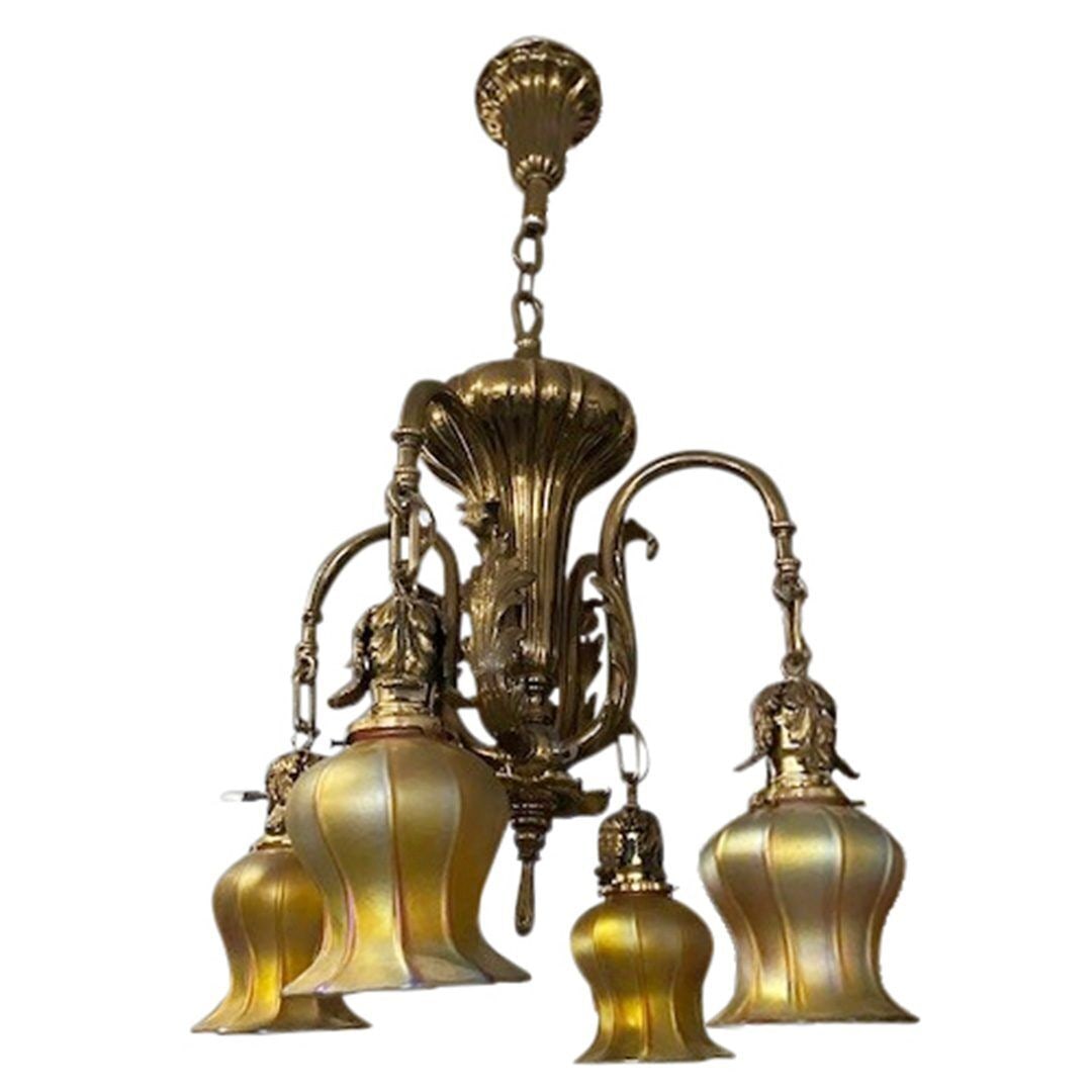 Vintage Antique Bronze Chandelier with Unique Quezel Shades 33in x 19in: Vintage Antique Bronze Chandelier with Unique Quezel Shades 33in x 19in This stunning chandelier with Quezel shades is a true statement piece that will add elegance and sophistication to any room. The