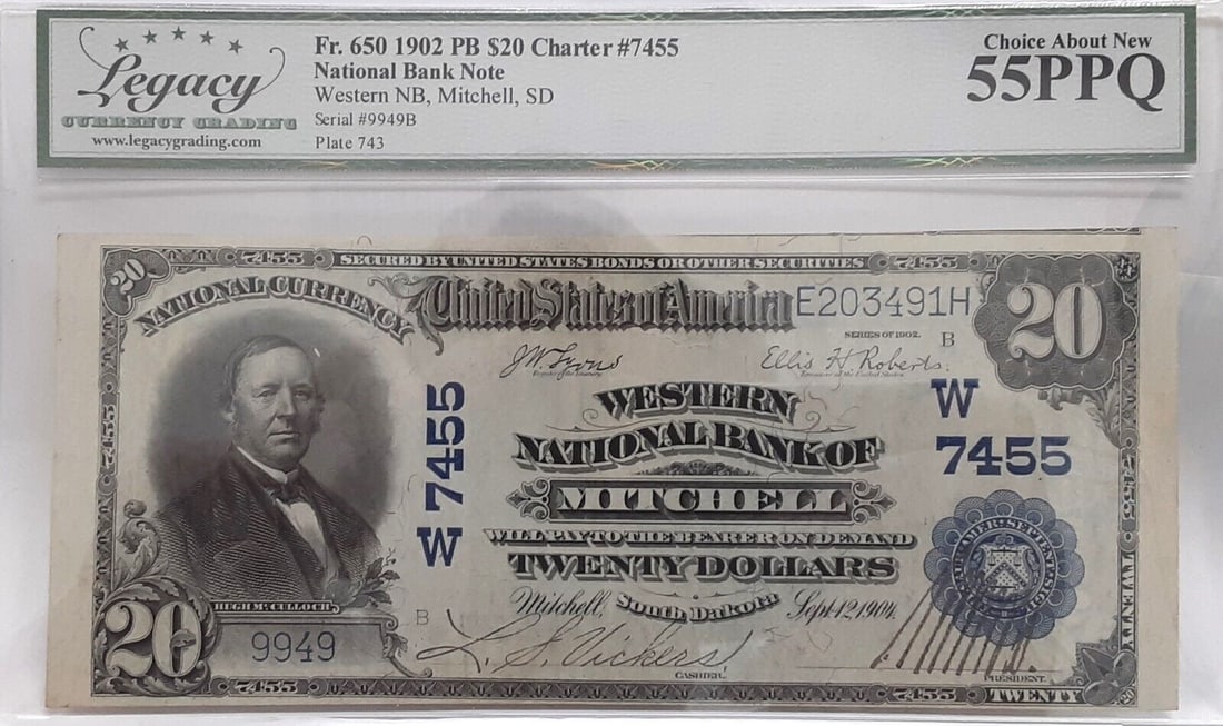 1902 $20 National Currency PB West Nat'l Bank Mitchell SD CH#W-7455 Legacy 55PPQ: 1902 $20 National Currency PB West Nat'l Bank Mitchell SD CH#W-7455 Legacy 55PPQ Denomination: $20 Circulated/Uncirculated: Circulated Type: Banknotes Year: 1902 Grade: 55 Certification: Legacy Curren