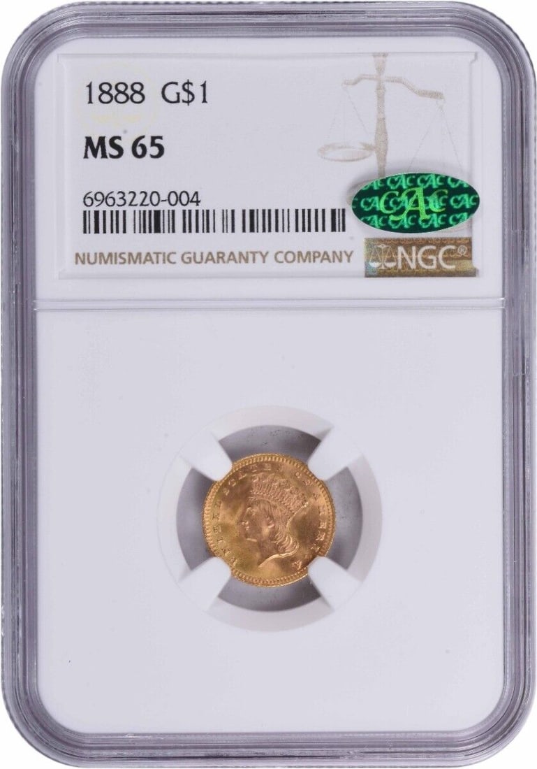 1888 $1 Gold Type 3 MS65 NGC (CAC): 1888 $1 Gold Type 3 MS65 NGC (CAC) Certification: NGC Circulated/Uncirculated: Uncirculated Year: 1888 Mint Location: Philadelphia Km Number: 86 Denomination: $1 Fineness: 0.9 Grade: MS65 Composition: